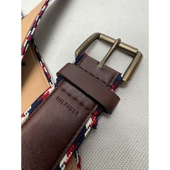 Tommy Hilfiger Mens Belt Size 34-36 Red White Blue Stripe Leather - Picture 2 of 4